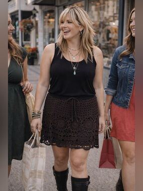 Vintage chocolate brown Crocheted Boho mini skirt.